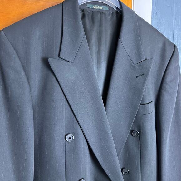 Franco Tassi Wool Double Breasted Navy Blue Pinstripe Jacket 35R Career Flawed - Picture 2 of 12